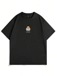 Cute Cartoon Print Off-Shoulder Short-Sleeved T-Shirt, Suitable For Casual Wear. - 黑色的 - 查看 4