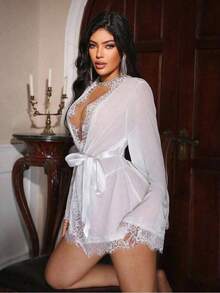 Seduluxe Women's 3-Piece And Lace Robe Set With Lace Splicing Going Out - trắng - Xem 4
