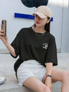 Camiseta de manga caída con gráfico de letra, camiseta holgada de verano, Pascua - Negro - Ver 3