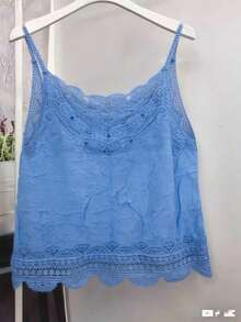 Women's Lace Embroidery Camisole, Artistic Hollow Floral Lace Trim, Can Be Worn Alone Or As Layering Casual Summer - Blue - View 5