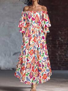 Đầm nữ thanh lịch kiểu Bohemian trễ vai, tay lửng, có túi, xếp ly nhiều lớp dáng chữ A nhuộm tie-dye, hoàn hảo cho các bữa tiệc và kỳ nghỉ, đầm hè dành cho nữ. - Trắng ngà - Xem 10
