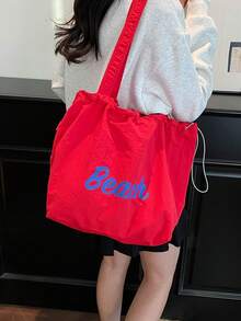Bolsa con cordón 2026 nueva, bolsa de hombro de lona de gran capacidad, estampado de letras japonesas, material de nailon, bolsa de mano, adecuada para ir al trabajo - Rojo - Ver 3