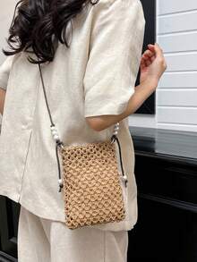 Pochette de téléphone en paille tressée à ouverture supérieure avec décoration de perles minimaliste, sac de plage d'été pour femmes, sac à provisions léger pour maquillage et pièces de monnaie, sac bandoulière - Kaki - Voir 3