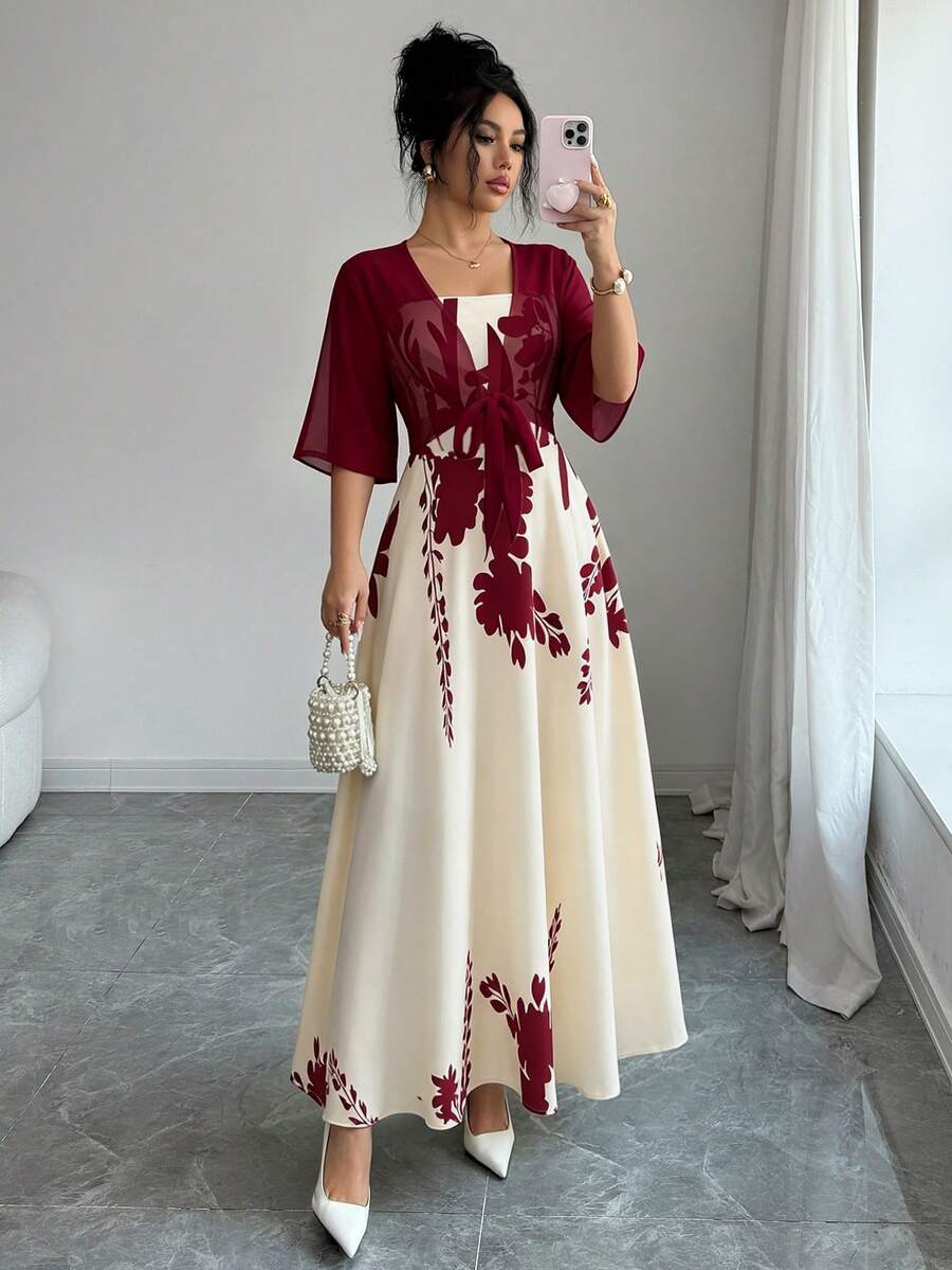 Gaun Chiffon Motif Bunga Kecil Elegan untuk Wanita dengan Selendang, Set 2 Potong Musim Semi Musim Panas - Burgundy - View 1