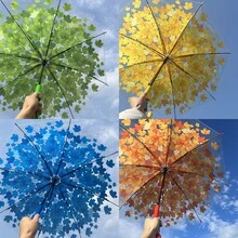 Summer Minimalist Straight Handle Umbrella, Ins Style Popular Long Umbrella, DIY Umbrella, Maple Leaf Transparent Umbrella - Yellow - View 3