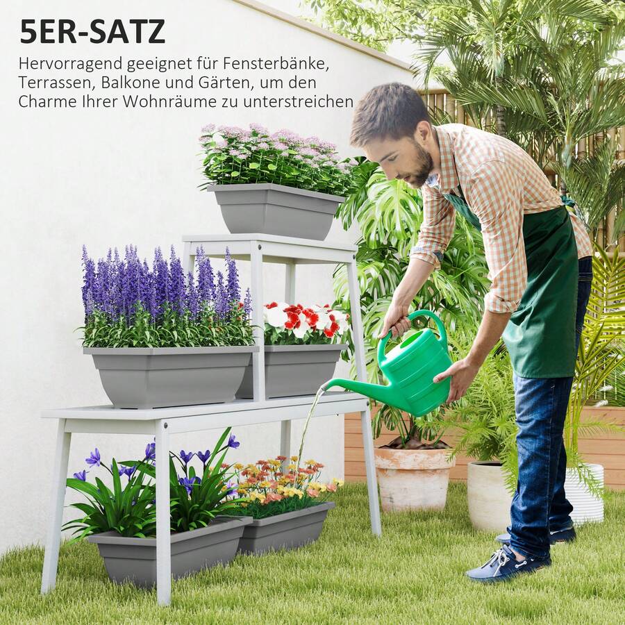 Set Of 5 Stackable Plastic Flower Pots, 59 X 21 X 16 Cm, Weather-Resistant, Suitable For Indoor And Outdoor Use, Grey - B - 查看 1