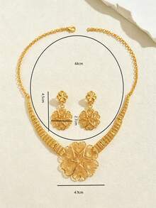 3pcs Gold-Plated Luxury Vintage Hollow Flower Design Tassel Necklace & Earrings Set, Elegant For Women, Suitable For Weddings And Parties - Gold - View 7