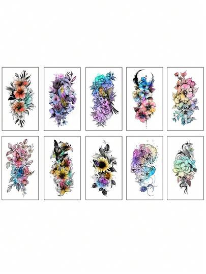 10 Sheets Watercolor Rose Flower Temporary Tattoos For Women, 10 Sheets Colorful Arm Sleeve Tattoos For Adults Floral Snake Lion, Arm Semi Permanent Fake Tattoos