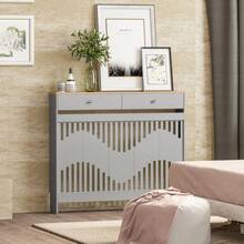 Jooli H Radiator Cover With Drawers, Grey Wooden Radiator Shelf Pipe Covers Cabinet With Wavy Grill For Living Room Bedroom Hallway - 灰色+木紋 - 查看 12