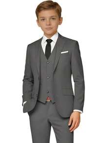 2026 Boys 5-Piece Formal Suit Set, Kids Wedding Communion Easter Tuxedo, Jacket Vest Pants With Shirt And Tie, Gentleman Formal Outfit - 中灰色 - 查看 1