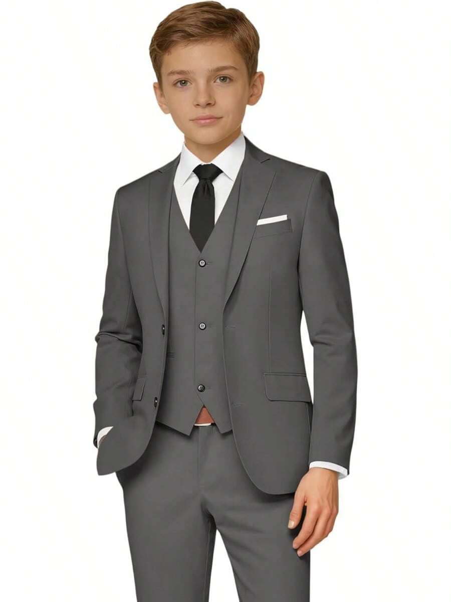 2026 Boys 5-Piece Formal Suit Set, Kids Wedding Communion Easter Tuxedo, Jacket Vest Pants With Shirt And Tie, Gentleman Formal Outfit - 中灰色 - 查看 1