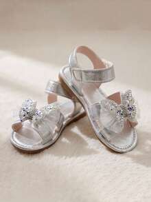 2026 Girls' 3-12 Years Silver Reflective PU Flat Sandals, Water Drop & Butterfly Net Decor, Non-Slip Soft Rubber Sole, Hook And Loop Strap, Dreamy Princess Style, Suitable For School, Party, Spring/Summer Princess Sandals - Silver - View 5