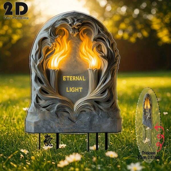 1 Stück 2D Flammen-gravierter Ewiges Licht Gedenkstätte Gartenpfahl, witterungsbeständiger Kunststoff, batteriefrei selbstleuchtende Ausführung für Außenbereich, Gedenkgarten und Rasen, Landhaus-Cottage