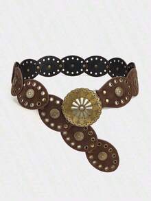 1pc Western Cowgirl Boho Style Women's Belt, Boho Belt, Western Belt, Gothic Velvet Patchwork Belt, Women's Fashion Accessory, Autumn/Winter Coffee & Antique Bronze Floral Oval Belt, Dress Accessory, Party, Beach, Music Festival, Y2K Style Belt, Valentine's Day - Đen 4 - Xem 3