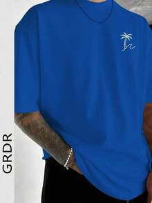 Camiseta de manga corta con estampado de palmeras y cuello redondo para hombre GRDR, casual y a la moda. - Azul - Ver 3