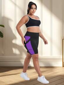 Pantalones cortos de fitness para mujer talla grande primavera/verano nuevos, cintura alta, levantamiento de glúteos, pantalones cortos de ciclismo, pantalones cortos deportivos ajustados, pantalones cortos de yoga de cintura alta, diseño de color en contraste, con bolsillos, adecuados para deportes, correr, fitness y varias ocasiones - Morado - Ver 8
