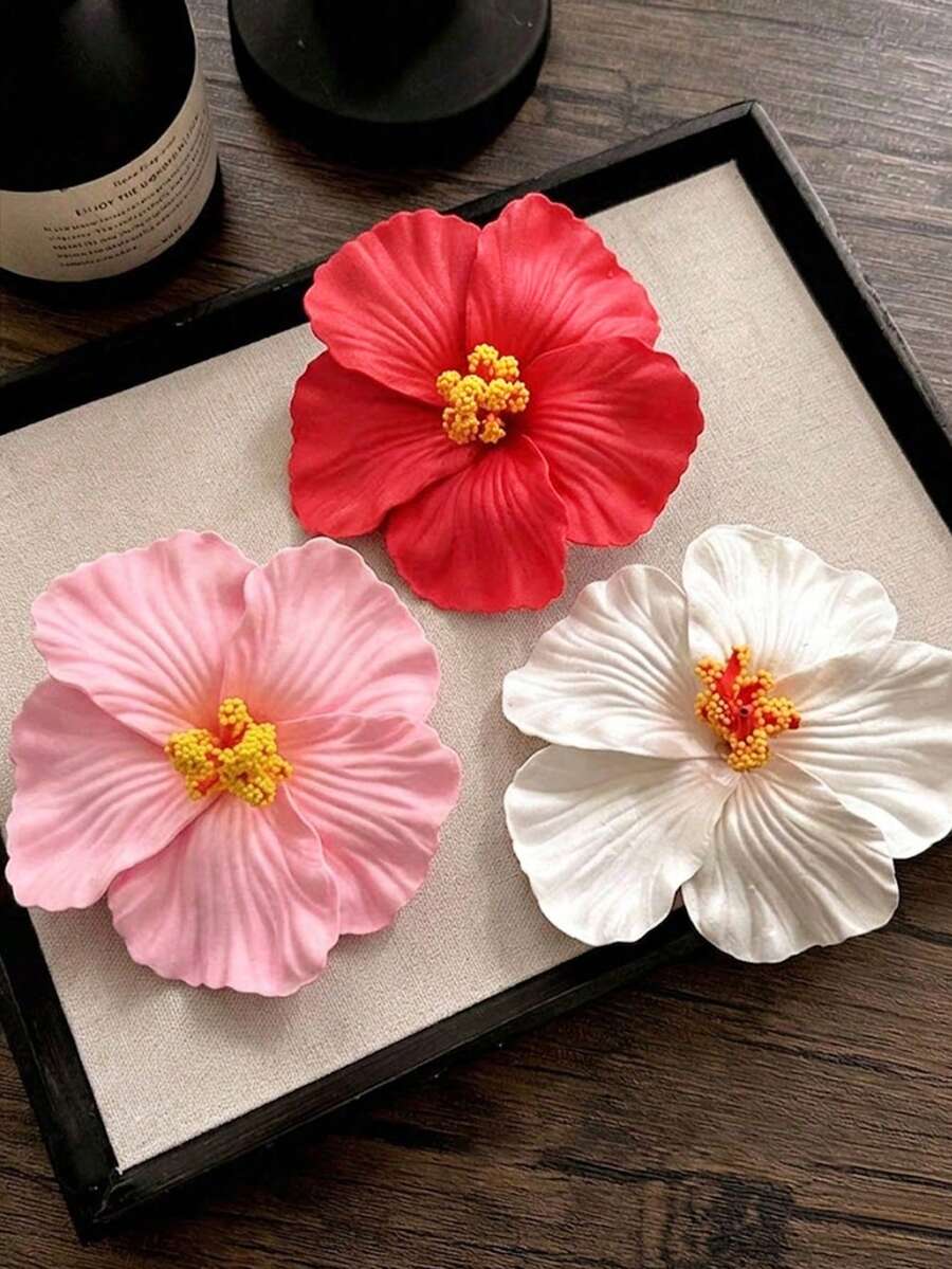 3个夏威夷花朵发夹,人造花朵发夹,芙蓉花发夹,莲花发夹,适合假日海滩派对、夏季热带花朵发饰、婚礼派对、送给女性的礼物、母亲节、发爪、发夹、节日、生日 - 彩色 - 查看 1