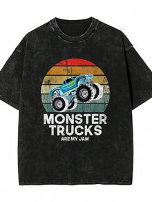 Monster Truck Are My Jam Retro Sunset Cool Engines  Washed Effect Oversized T Shirt Unisex Casual Short Sleeve Crew Neck Tee For Daily Wear And Streetwear Cosplay, - màu đen - Xem 1