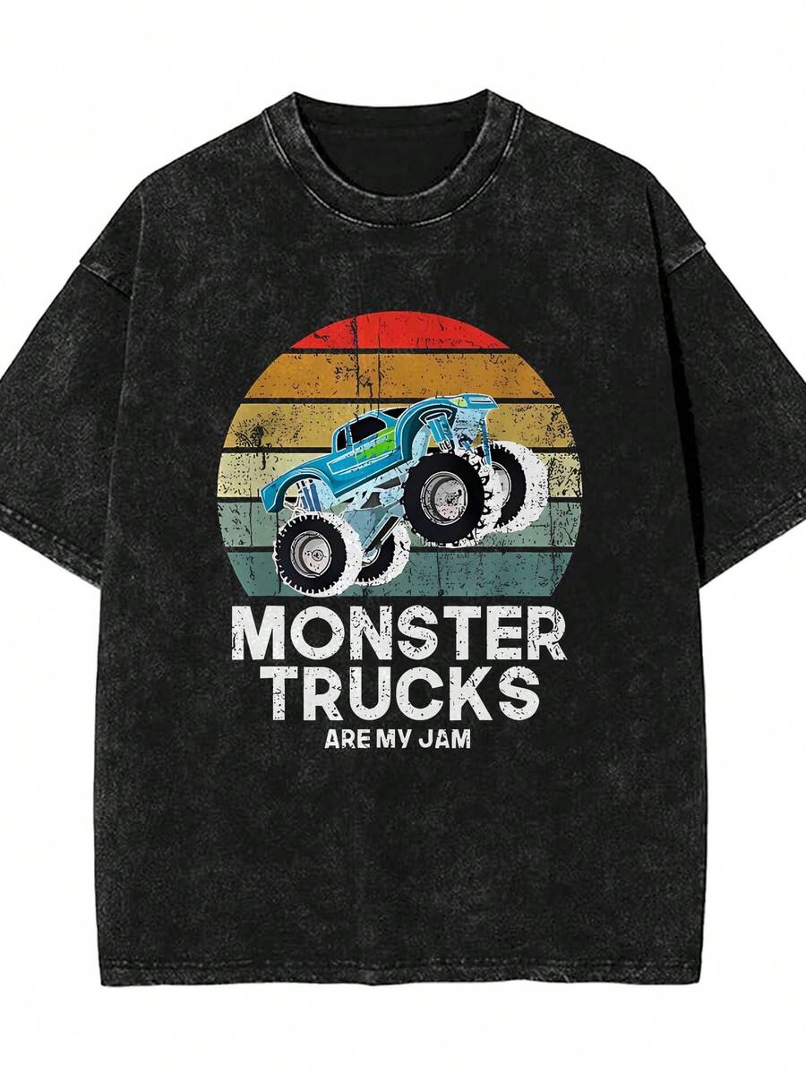 Monster Truck Are My Jam Retro Sunset Cool Engines  Washed Effect Oversized T Shirt Unisex Casual Short Sleeve Crew Neck Tee For Daily Wear And Streetwear Cosplay, - màu đen - Xem 1