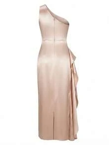 Elegant Spring/Summer Satin Off Shoulder Mid-Length Party Dress, Women's Solid Color Pleated Formal Gown For Wedding Guest, Mother's Day - Champagne - View 9