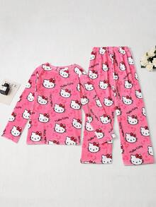 SANRIO 两件套可爱柔软毛绒睡衣，卡通印花加厚绒里长裤+上衣，白色/粉色/黑色/酒红色可选，保暖休闲家居服套装，适合春、秋、冬三季穿着，卡通动漫图案，时尚派对礼物，适合送给朋友、女朋友、情侣，也适合返校、感恩节、新年等节日礼物。 - 粉色 - 查看 3