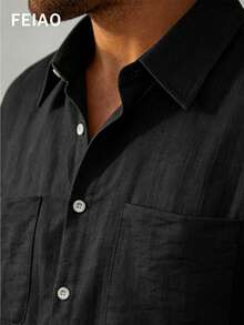 FEIAO 男士复古硬币图案T恤，亚麻质感透气网眼面料，纽扣前襟，纯色设计，触感舒适柔软，休闲百搭，略微宽松版型，适合春夏穿着。 - 黑色 - 查看 4