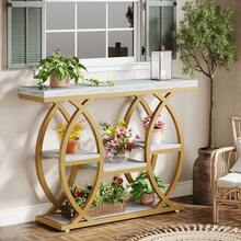 LITTLE TREE 39.4" Console Table, Industrial 4-Tier Sofa Table Entryway Table With Storage Shelves, Narrow Wood Accent Tables With Metal Frame For Small Spaces, Hallway, Foyer, White Gold - 白金 - 查看 9