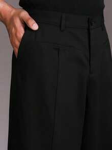 极简修身黑色阔腿裤，男士中腰褶裥宽松休闲长裤，通勤风格 - 黑色 - 查看 4