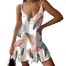 Loose Fitting Printed V Neck Cami Beach Dress Relaxed Fit Summer Casual Sundress - 杏色 - 查看 3