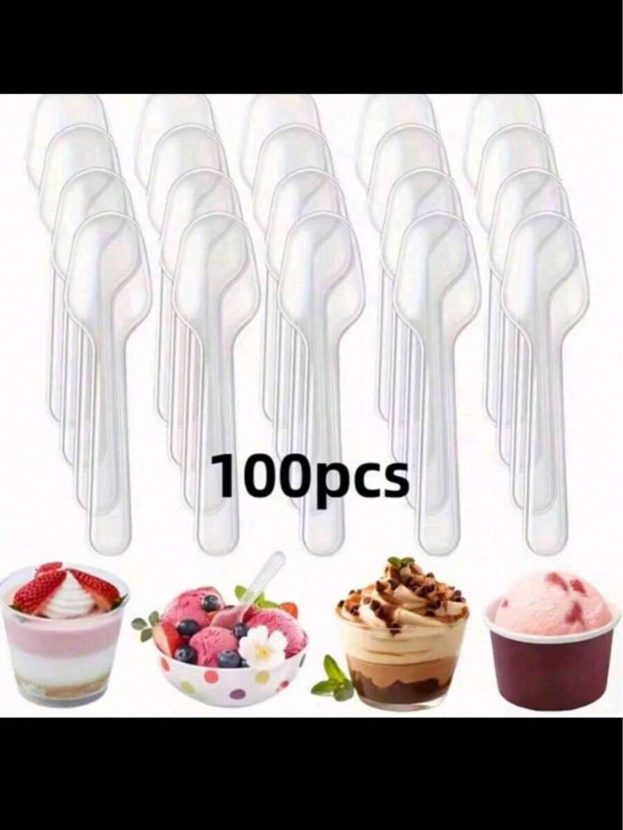 100pcs Transparent Plastic Mini Spoons, Suitable For Desserts, Ice Cream, Jelly, Pudding, Yogurt Tasting, Appetizers, Family Gatherings, Picnics, Restaurants And Kitchens - Transparent - View 1