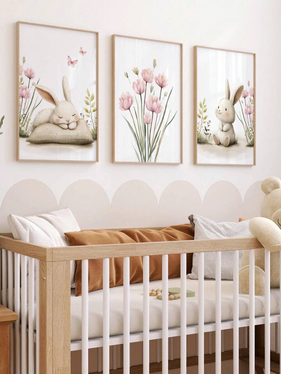 1pc Canvas Wall Art, Framed Rabbit Theme Wall Decor For Kids Room ...