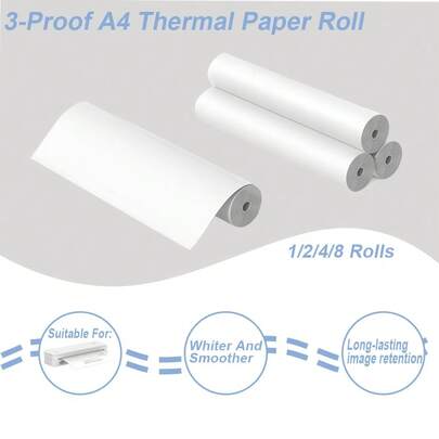 1/2/4/8卷装三防A4热敏打印纸卷，21.08厘米宽，速干纸，兼容市面上大多数便携式热敏打印机