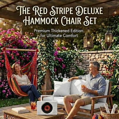 Bộ võng sọc đỏ thoải mái - Bao gồm tựa lưng + đệm, ghế đu sân vườn, ghế thư giãn treo ngoài trời, ghế bập bênh thư giãn trong nhà, đồ nội thất thư giãn sân vườn, quà tân gia.
