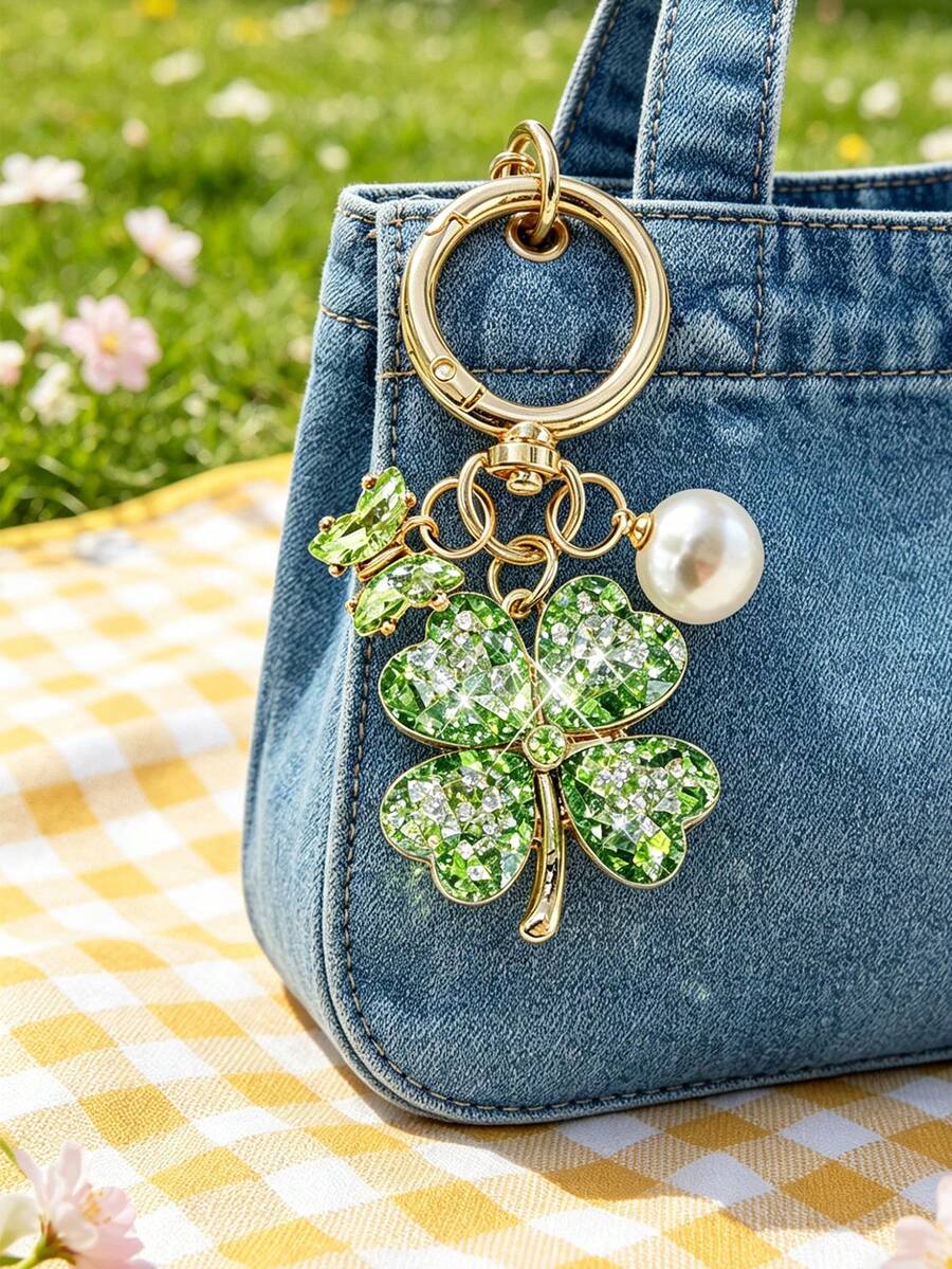 Móc khóa hình trái tim và cỏ ba lá pha lê thanh lịch với mặt dây chuyền ngọc trai và bướm đính kim cương, móc khóa xe hơi thời trang và quà tặng cho nữ, thích hợp để trang trí túi xách và ví, móc khóa bền | Trang trí pha lê | Quà tặng Ngày của Mẹ, Quà tặng Ngày Nhà giáo, Quà tặng Ngày Valentine, Quà tặng tiệc tùng ngày lễ - Nhiều màu - Xem 1