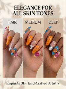 NAILS BASE 10件/組 粉色杏仁形長款法式漸層漸變假指甲，附玫瑰紅花朵，杏仁形甲片，適合辦公場合的中性華麗風，日式手工製 P - 彩色 - 查看 6