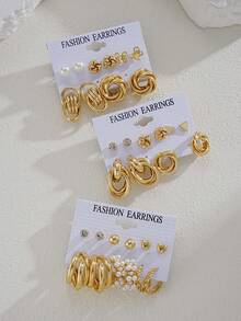 22/32件套时尚简约优雅仿珍珠蝴蝶几何金色耳环套装，百搭礼物，适合送给女友、妻子、妈妈、朋友，节日、生日、日常佩戴 - 金黃色 - 查看 4