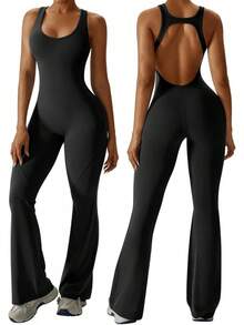 Women's Flared-Leg Jumpsuit With Built-In Bra, Openwork Back, Sportswear, Sleeveless Jumpsuit, Fitted Casual - màu đen - Xem 1