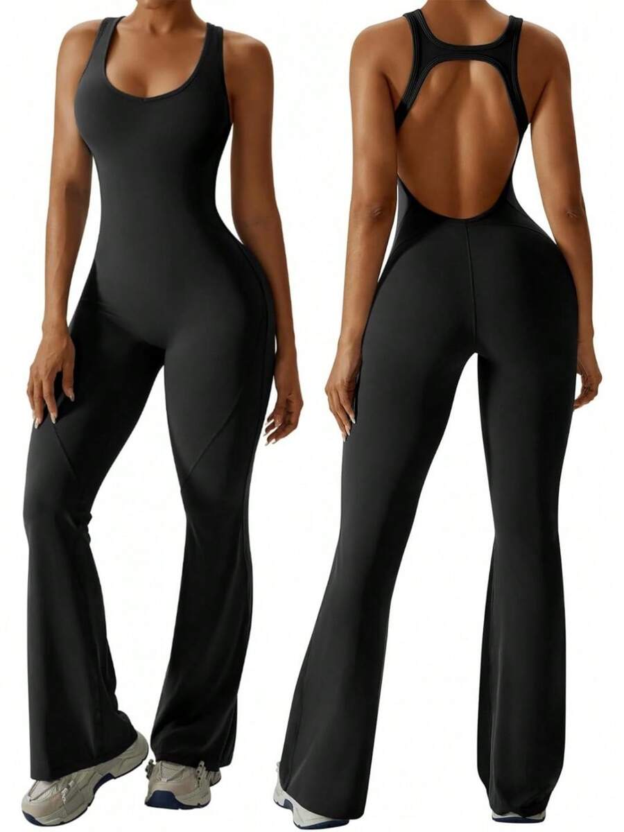 Women's Flared-Leg Jumpsuit With Built-In Bra, Openwork Back, Sportswear, Sleeveless Jumpsuit, Fitted Casual - màu đen - Xem 1