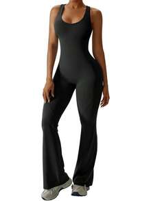 Women's Flared-Leg Jumpsuit With Built-In Bra, Openwork Back, Sportswear, Sleeveless Jumpsuit, Fitted Casual - màu đen - Xem 7