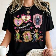Disney Loose Oversize Coquette Zootopia Shirt, Judy Hopps Nick Wilde Tee, Retro Pastel Aesthetic Top, Kawaii Cartoon Graphic Tee, Zootopia Vintage Animal Shirt - màu đen - Xem 1