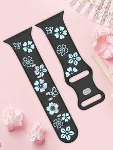 Floral Carved Watch Band, Compatible With Apple Watch Band 41Mm 40Mm 44Mm 45Mm 42Mm 38Mm 49Mm 46Mm, Cute Flowers, Soft Silicone Sport Band Compatible With Apple Watch Series 11 10 Se 9 8 7 6 5 4 3 Ultra, Women'S Fashion Floral Elements Watch Band,Compatible With Apple Watch Strap - LD004 Floral - Black and Ice Blue - View 6