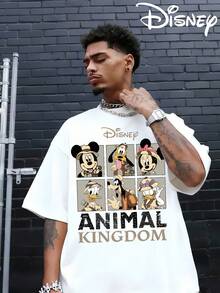 Disney Authorized Mickey Mouse And Animal Kingdom Cartoon Patterns And Animal Kingdom Letter Prints, Men's Black Pure Cotton Short Sleeved T-Shirt, Breathable White Short Sleeved T-Shirt, Suitable For Summer Wear, Neutral, Regular Round Neck Casual Style, Washable, Comfortable And Loose. - trắng - Xem 1