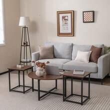 3 Piece Coffee Table Set With Metal Frame For Living Room Bedroom Office - Walnut + Black - View 1