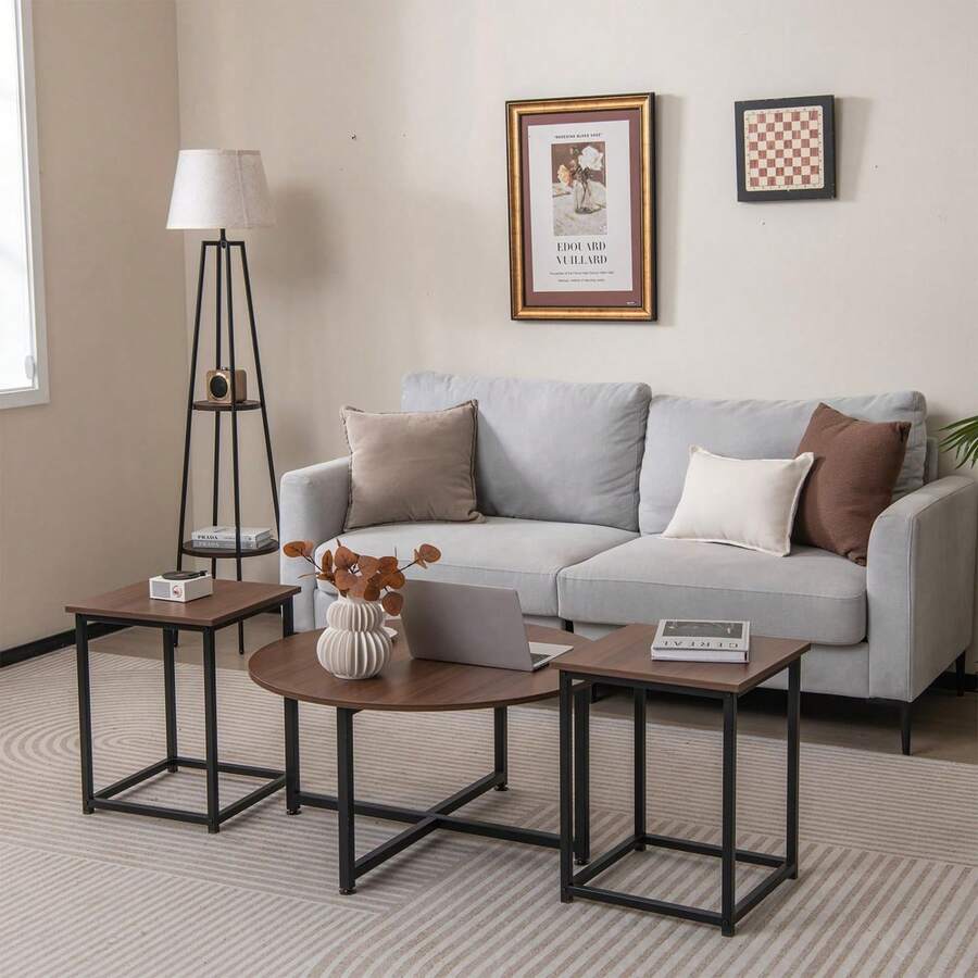 3 Piece Coffee Table Set With Metal Frame For Living Room Bedroom Office - Walnut + Black - View 1