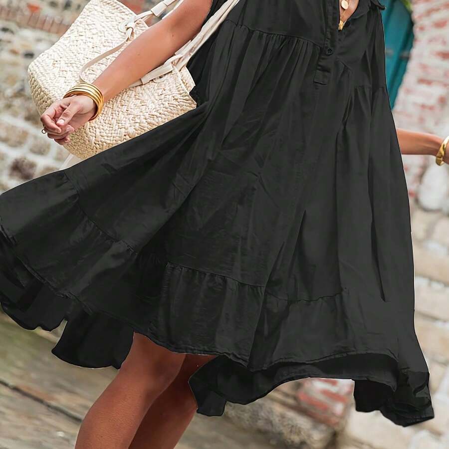 Plus Size - Plus Size - Ladies A Babydoll Dress, Blue Dress, Summer Elegant Dress, Vacation Style Dress, Ladies Dress, Casual Elegant Dress 007 - 黑色 - 查看 1