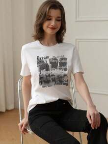 1pscCamiseta de mujer de manga corta con cuello redondo y estampado de eslogan, de ajuste holgado y casual, adecuada para uso diario y ocasiones de vacaciones. Blanca 100% Algodón - Blanco - Ver 2