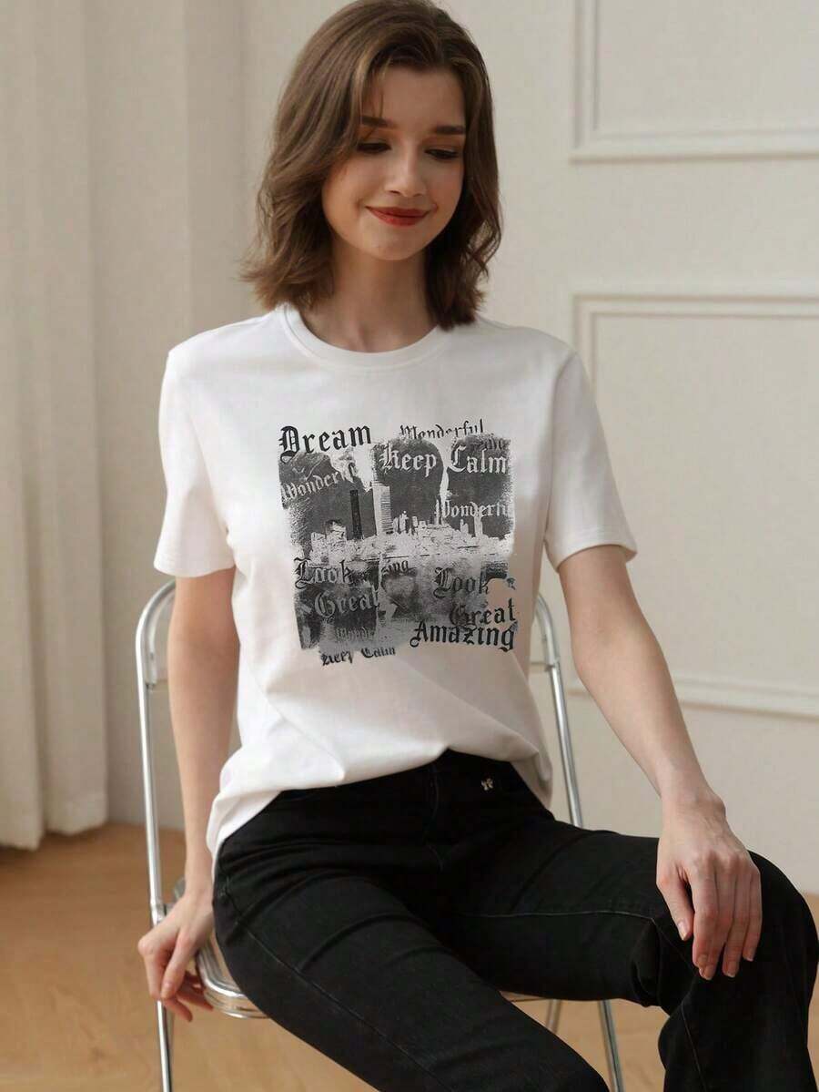 de mujer de manga corta con cuello redondo y estampado de eslogan, de ajuste holgado y casual, adecuada para uso diario y ocasiones de vacaciones.BlancaAmerican CasualNight - Blanco - Ver 1