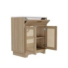 Freestanding Bathroom Cabinet Measuring 76x46x88cm, Moisture Resistant, With Liftable Drawers And Soft-Close Double Doors, High Legs With Rattan Details, Ceramic Sink, Natural Color. - 自然色 - 查看 8