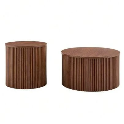 Set Of 2 Stackable Coffee Tables, Round MDF Tables With Roman Column Design And Built-In Storage, Side Tables With Walnut Finish For Living Room And Bedroom.