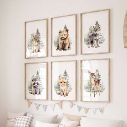 1pc Woodland Animal Nursery Wall Art Picture Watercolor Forest Animal Prints Canvas Painting Neutral Poster Bear Deer Fox Bunny Raccoon Wolf Decor For Baby Boys Girls Kids Room Bedroom Unframed
